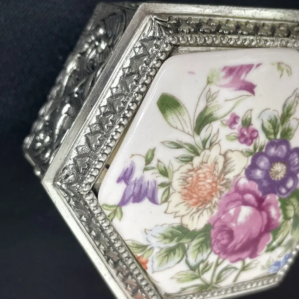 Vintage Japan Jewelry Trinket Box Silver Plated Painted Floral Hinged Top Lined - Picture 5 of 15